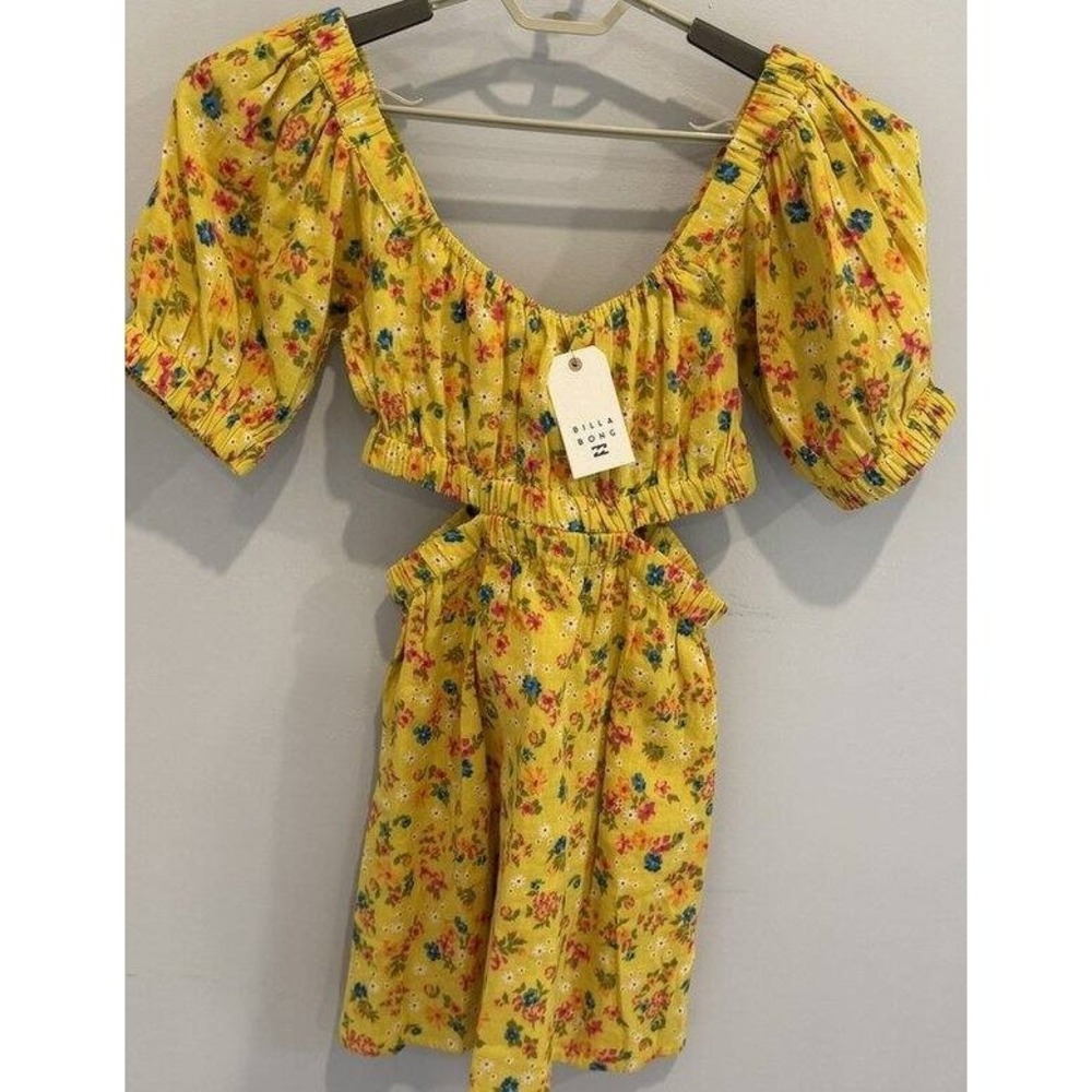 BILLABONG Yellow Floral Cutout Dare to Bare Mini Off Shoulder Dress Cotton New S